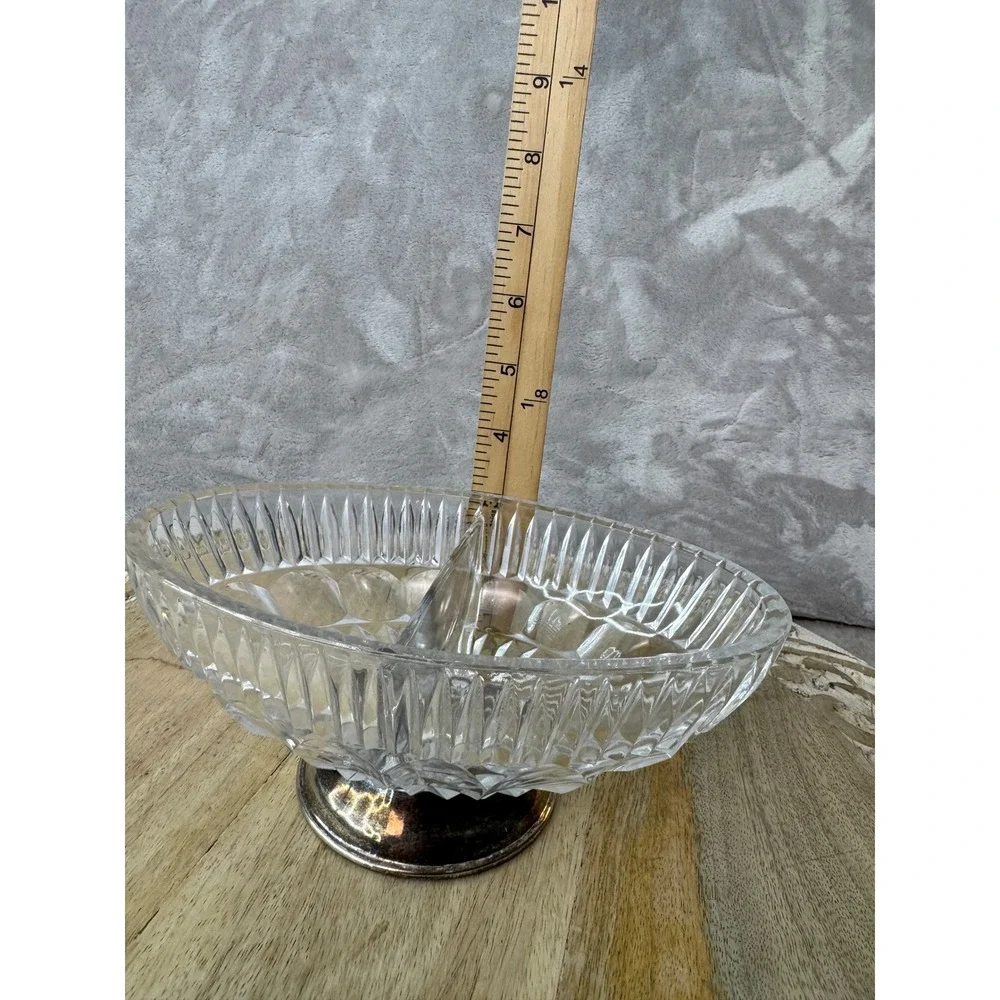 Vintage Crystal Divided Candy Dish Silver Pedestal Base Oval Cut Glass Bowl 8in‎